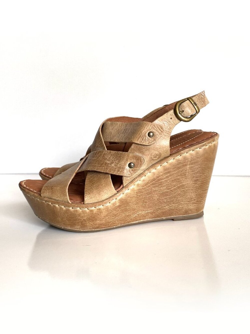 Born Womens US 6 Brown Leather CrisCross Sling Back Platform Wedge Sandals Shoes